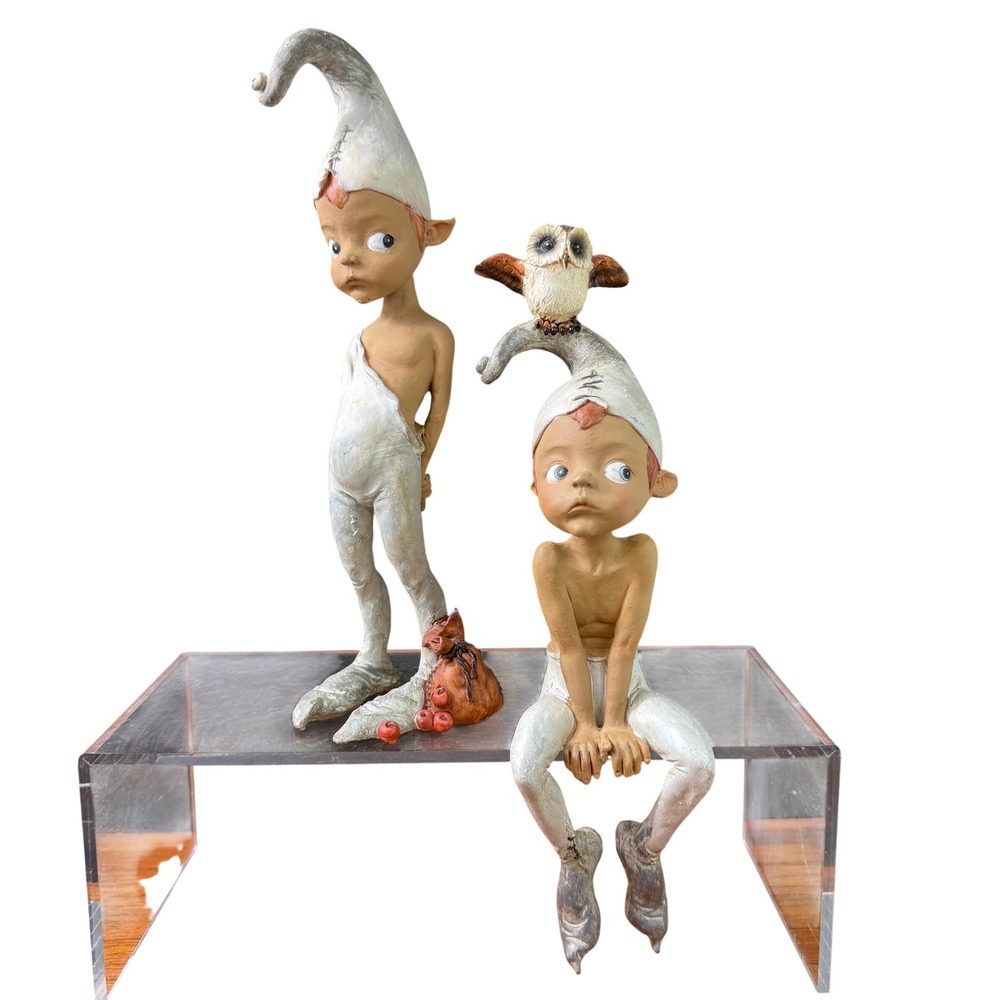 Whimsical Elf Figurines w Owl Fantasy Resin White Brown 10in Woodland Vintage
